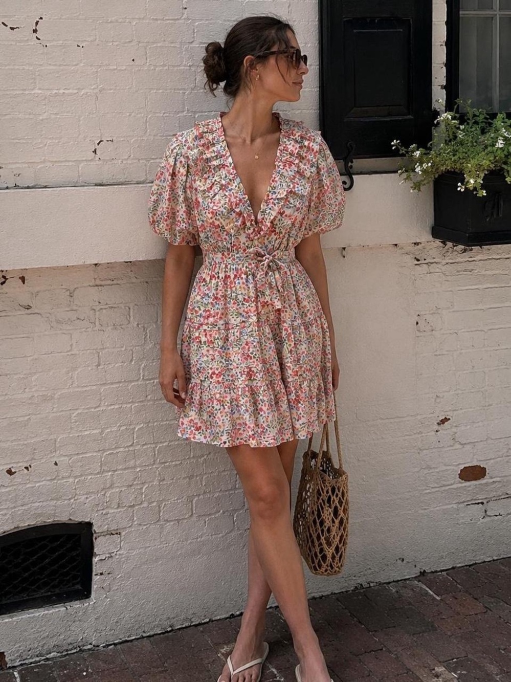 RESET Floral Ruffle Tie-Waist Mini Dress - Pink Floral